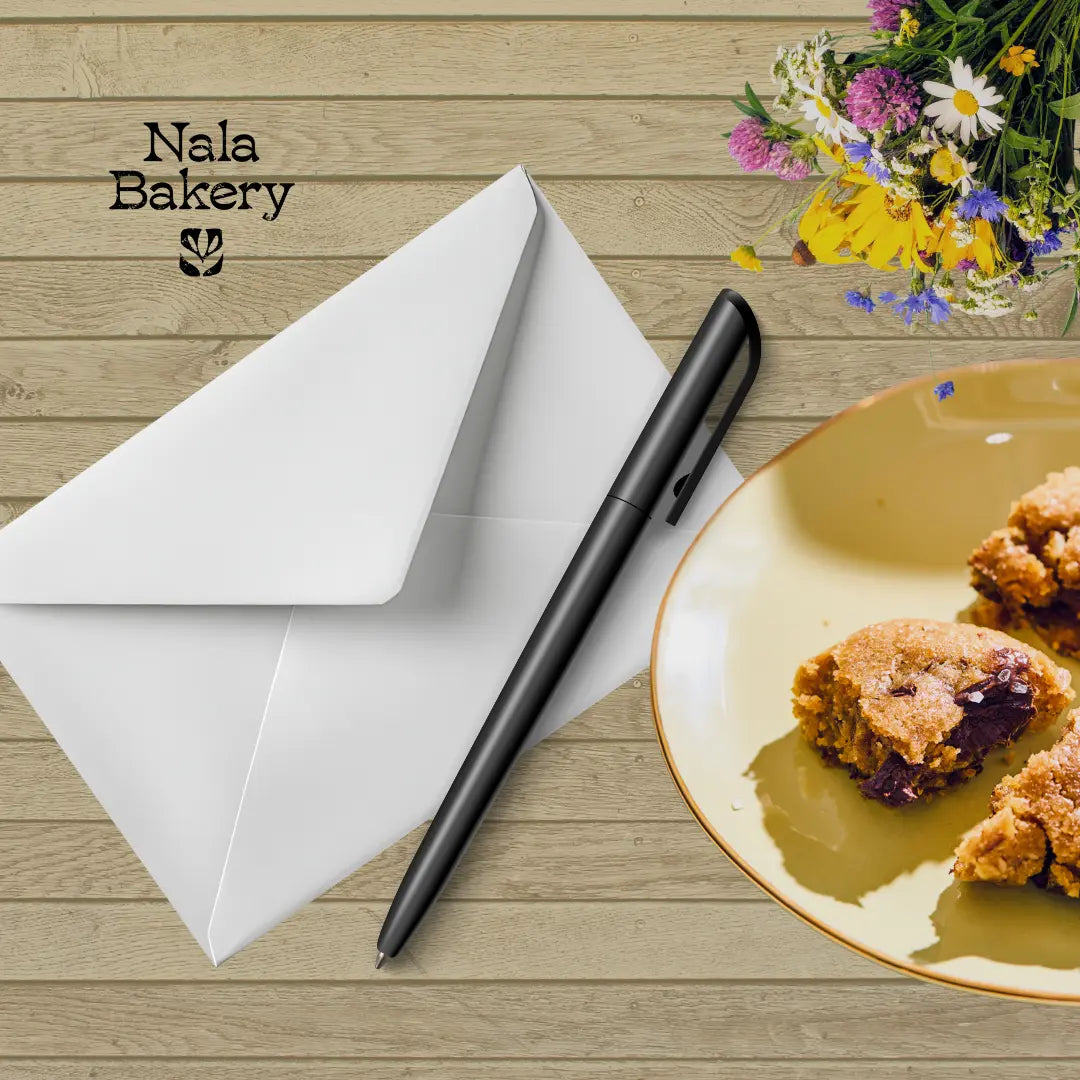 Witte envelop, zwarte pen en een bord met koekjes op een houten ondergrond met het logo van Nala Bakery.